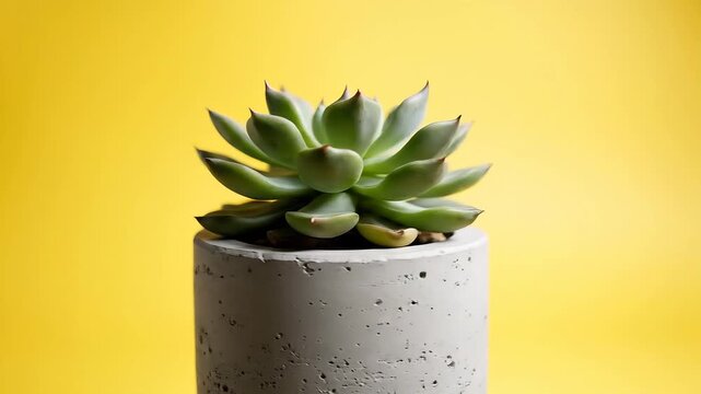 Closeup of a succulent plant in a concrete pot against a vibrant yellow background.