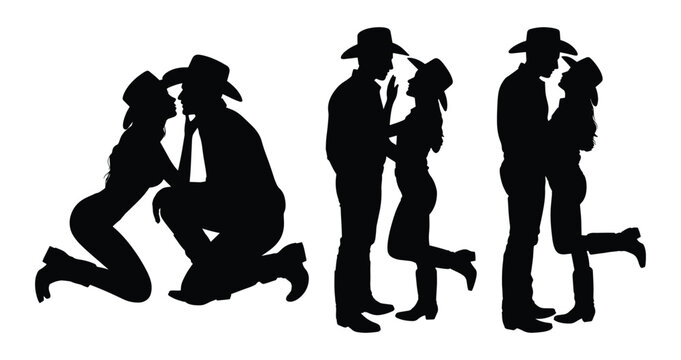 Cowboy couple silhouette, Romantic silhouettes of cowboy and cowgirl couple, Western attire, including cowboy hats and boots, Used for wild west, country music, or rodeo themes