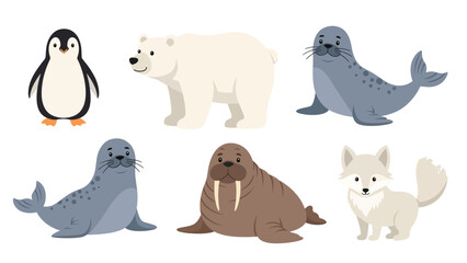 Modern vector illustration set of polar animals penguin, polar bear, seal, walrus, arctic fox, in various poses on white background, flat arctic wildlife collection with solid colors © meeblues