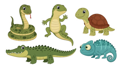 Fototapeta premium Modern vector illustration collection of reptiles snake, lizard, turtle, crocodile, chameleon, in different poses on white background, flat reptile set with solid colors, ideal for education