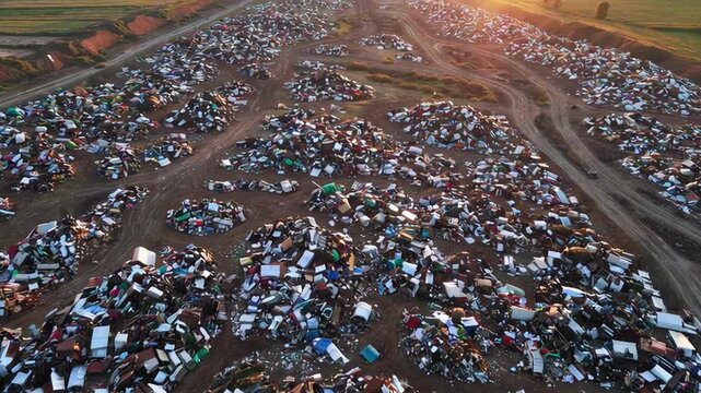 Aerial view of a large junkyard filled with discarded vehicles  
