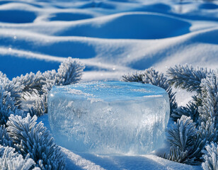 Round ice block podium in snow landscape with frosted trees AI Generated.