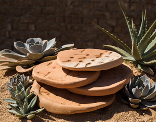 Stacked terracotta clay plates with succulents in desert sand AI Generated.