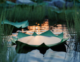 Round platform on green lotus leaf floating in pond AI Generated.