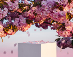 White square podium under blooming cherry blossom tree AI Generated.