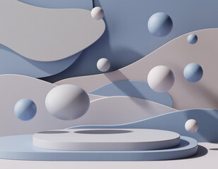 Abstract podium with floating spheres and wavy shapes AI Generated.