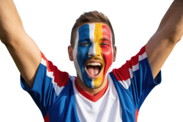 Excited fan with face paint on transparent background