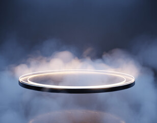 Glowing neon circular platform floating in mysterious blue fog AI Generated