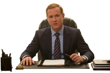 Executive sitting at desk with transparent background.