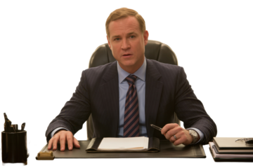 Executive sitting at desk with transparent background.