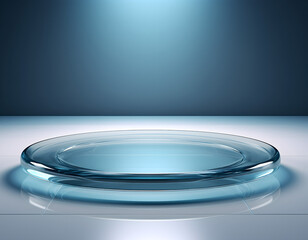 Empty blue glass circular podium for product presentation AI Generated