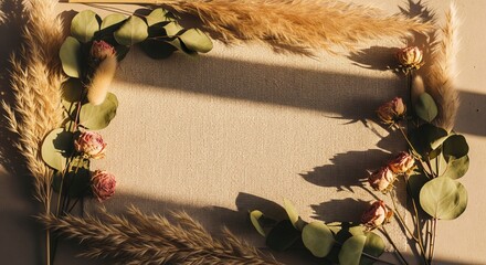 Dried Floral Flat Lay Border on Textured Paper at Sunset