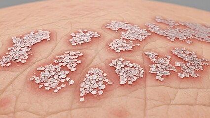A detailed 3D rendering illustrating the appearance of skin affected by a chronic dermatological condition like plaque psoriasis, showing red inflammation and thick white scaly lesions.