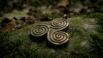 Ancient bronze triskelion pendant resting on mossy rock