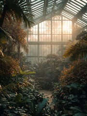 Inside a spacious greenhouse, a variety of lush tropical plants thrive in a vibrant environment. The botanical interior showcases dense greenery within a glass architectural structure.