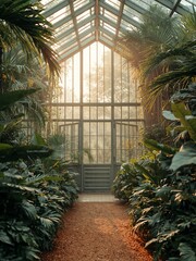 Inside a spacious greenhouse, a variety of lush tropical plants thrive in a vibrant environment. The botanical interior showcases dense greenery within a glass architectural structure.
