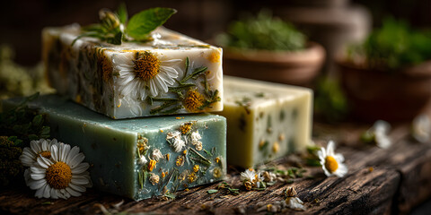 Natural organic soap bars displayed for eco-friendly skincare, environmental awareness