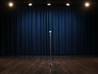 A single microphone stands ready on an empty wooden stage with blue curtains. This scene is set for a stand-up comedy performance, concert, or public speech.