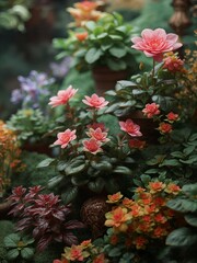A pink begonias and various colorful plants creates a lush indoor garden display. The dense foliage and bright blossoms showcase natural beauty and the diversity of potted flora.