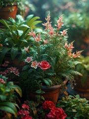 A red roses and pink astilbe flowers thrives in a rustic terracotta pot. The lush green foliage provides a vibrant backdrop to the delicate and striking blossoms.