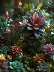 A large red cordyline fruticosa surrounded by various vibrant succulents. The diverse colors and textures of the potted tropical plants create a lush, natural display of indoor greenery.