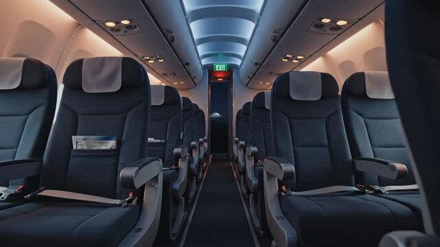 Airplane Interior Seating - This video shows the interior of an airplane cabin. Rows of seats with headrests and safety belts are visible on either side of the aisle, and an illuminated 'Exit' sign