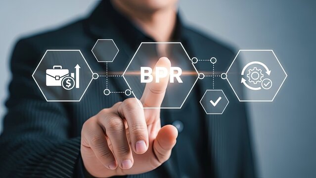 Businessman interacting with Business Process Reengineering BPR digital interface