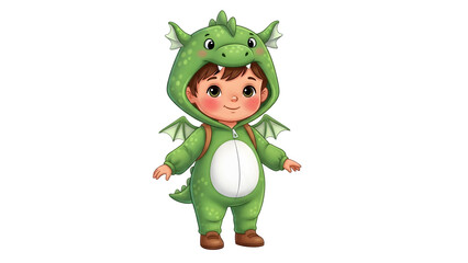 Toddler wearing a green dragon costume isolated on transparent background