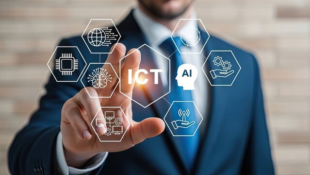 Businessman interacting with futuristic ICT and AI technology icons - Powered by Adobe