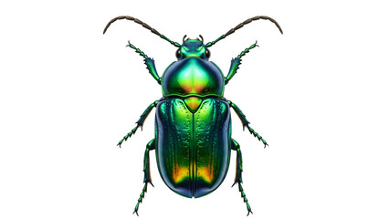 Iridescent metallic beetle isolated on transparent background with green and yellow sheen