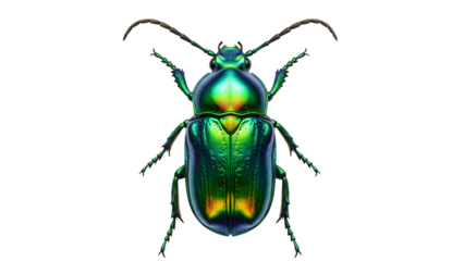 Iridescent metallic beetle isolated on transparent background with green and yellow sheen