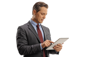 Man in suit using digital tablet