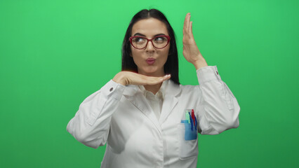 Young hispanic woman scientist in a white uniform making expressive gestures against a vibrant green wall background communicates creativity and innovation.