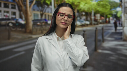 Fototapeta premium Hispanic woman wearing lab coat holding cheek outdoors on busy urban street appearing to have a toothache.