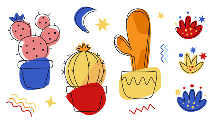 Cactus colorful illustration set. Potted desert plants, stars and abstract shapes on white background. Color block art

