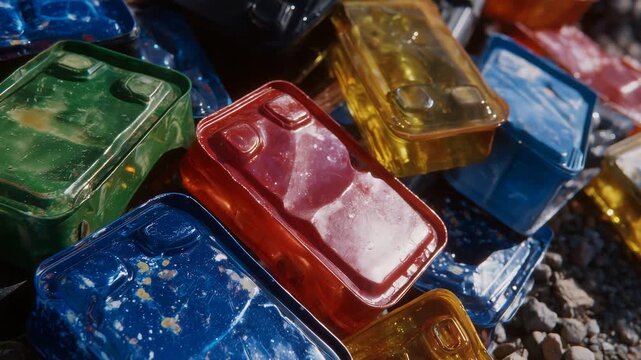 Close-up of assorted empty fuel containers scattered on sunlit ground, vibrant colors and reflective plastic surfaces highlighted by bright sunlight, subtle shadows enhancing shape