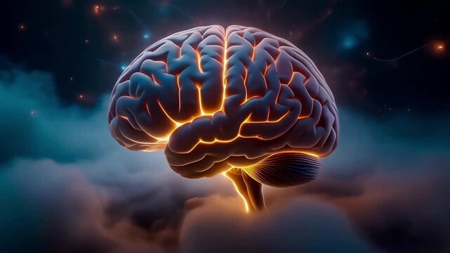 Human brain structure emerging through gentle fog with glowing neural paths, cinematic dark atmosphere.