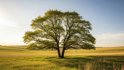 Majestic lone tree stands tall in a golden sunlit meadow under a clear blue sky