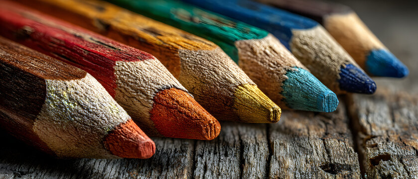 Colored pencils arranged in vibrant order on a rustic table, creating a visually appealing scene with ample copy space for creative projects - Powered by Adobe