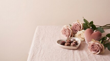 Delicate roses and chocolates on a white tablecloth