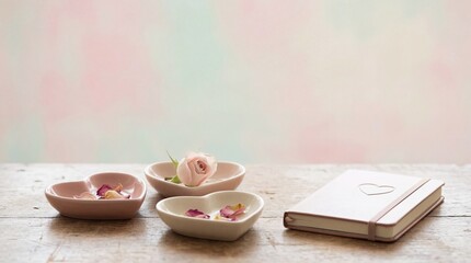 Delicate rose petals in small bowls on a wooden surface