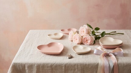 Delicate pink roses in heart-shaped bowls