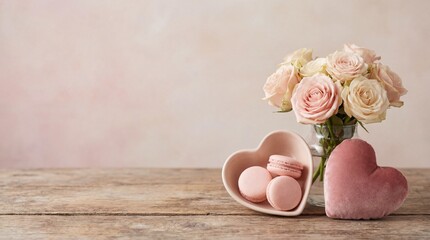 Delicate roses in a vase beside a heart-shaped cushion
