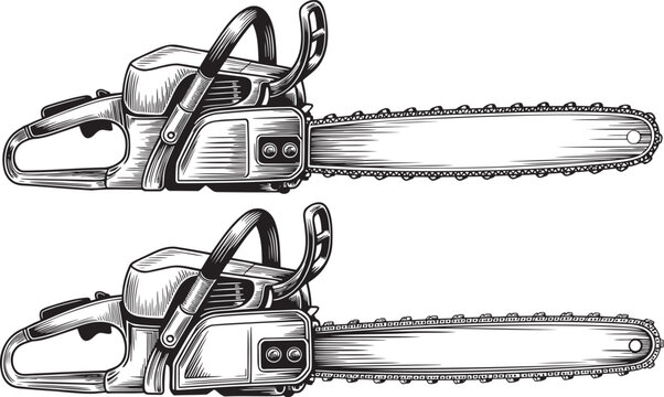 Hand drawn style Chain Saw silhouette set isolated on transparent background