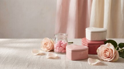 Delicate arrangement of roses and jewelry boxes