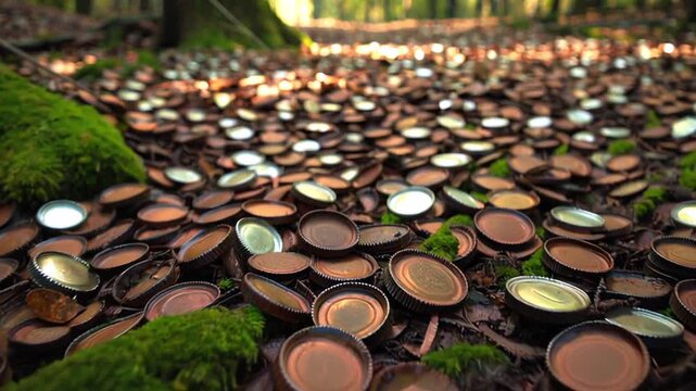 Forest ground covered with mushroom caps and moss in sunlight  