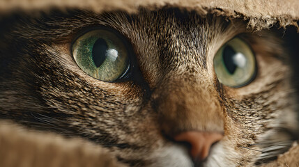 Domestic cat with striking green eyes peeking from inside a cardboard box. Curiosity and playful hiding behavior of a pet animal.