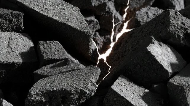 Close-up of displaced concrete blocks forming irregular piles, detailed cracks, textures of cement and stone, high contrast lighting emphasizing jagged shapes