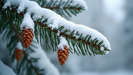 Snow-covered conifer branch with bumps
