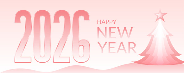 Pink 2026 Happy New Year Banner with Minimalist Christmas Tree and Gradient Typography